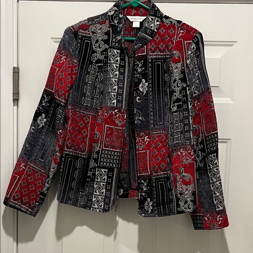 Christopher & Banks Red and Black Patchwork Blazer upscale luxury holiday attire